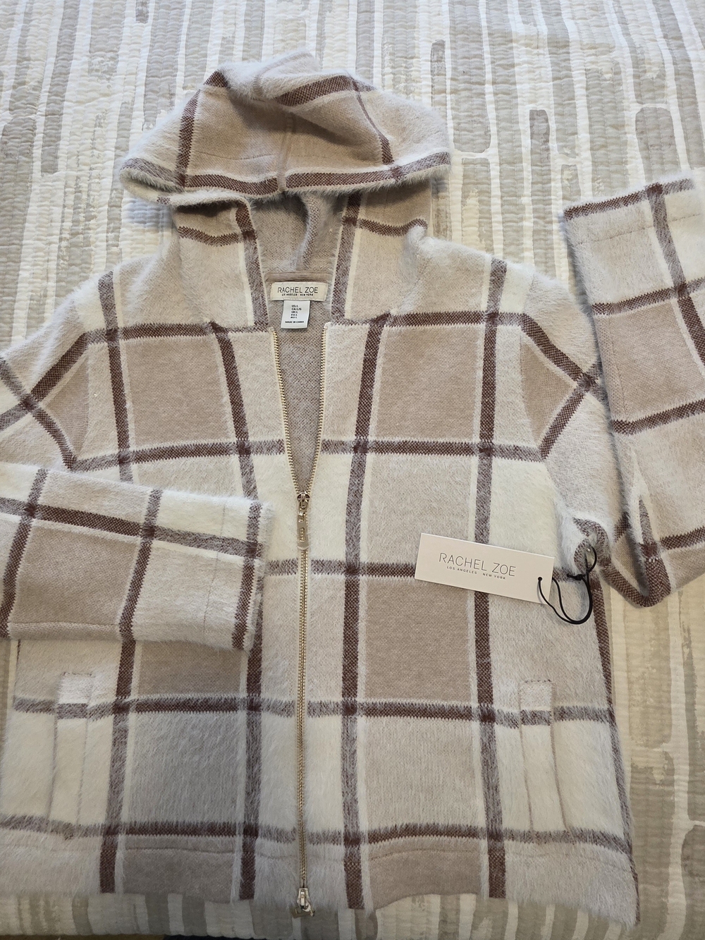 Rachel Zoe Plaid Hooded Zip Sweater - Beige & Brown